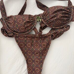 Strawberry Milk Mob Geometric Print Bikini Set in Brown and Olive